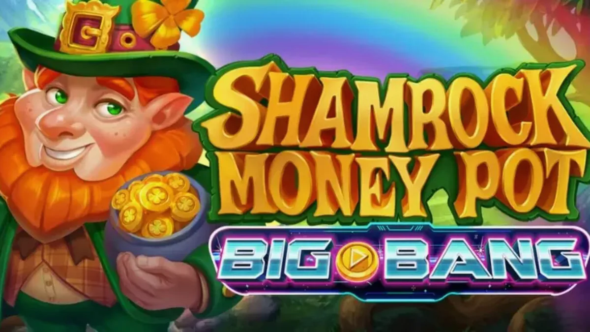 Shamrock Money Pot Big Bang slot game interface showing emerald hills and golden symbols